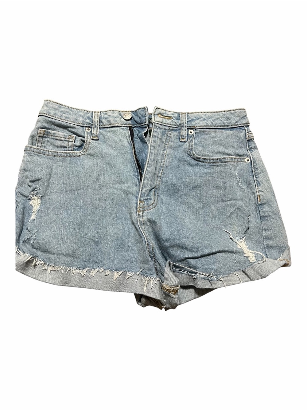 Super High Rise Rolled Cuff Light Blue Distressed Denim Women’s Shorts Size 6